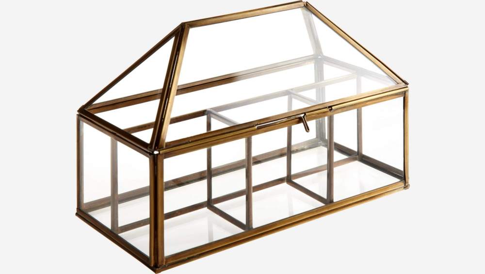 Glazen doos in de vorm van een huis met 4 compartimenten  – 13 x 26 cm – Transparant en goudkleurig