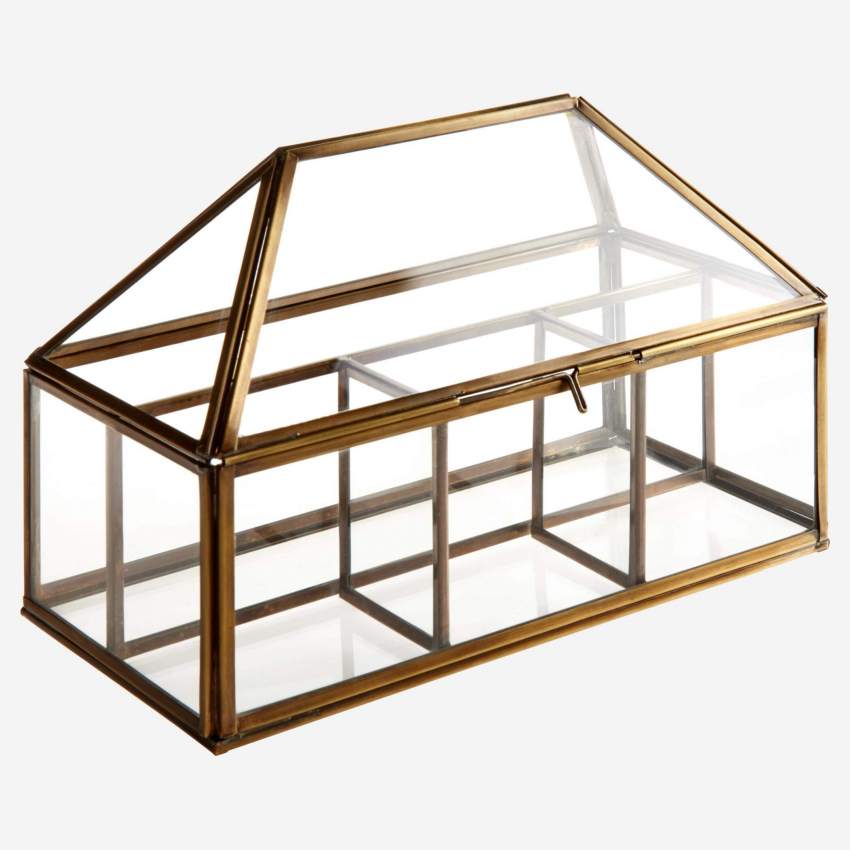 Caja de vidrio con forma de casa con 4 compartimentos - 13 x 26 cm – Transparente y dorado