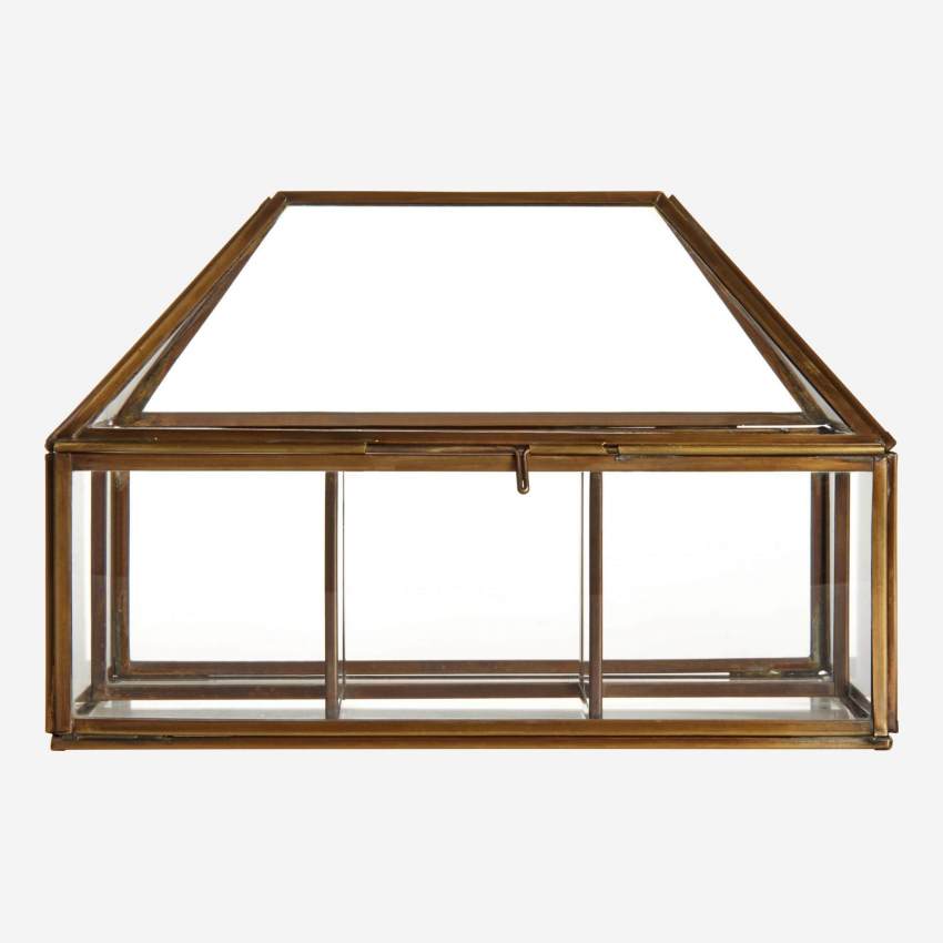 Caixa de vidro em forma de casa com 4 compartimentos - 13x26 cm – Transparente e dourado