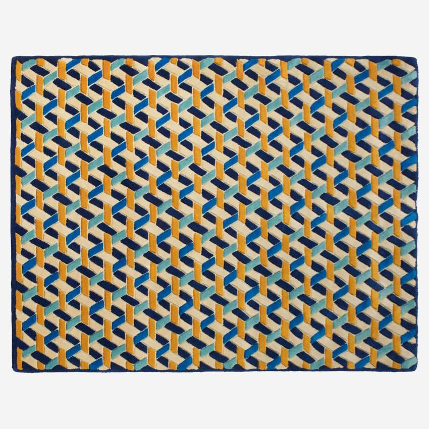 Tapis en laine tufté main - 170 x 240 cm - Motif bleu et jaune