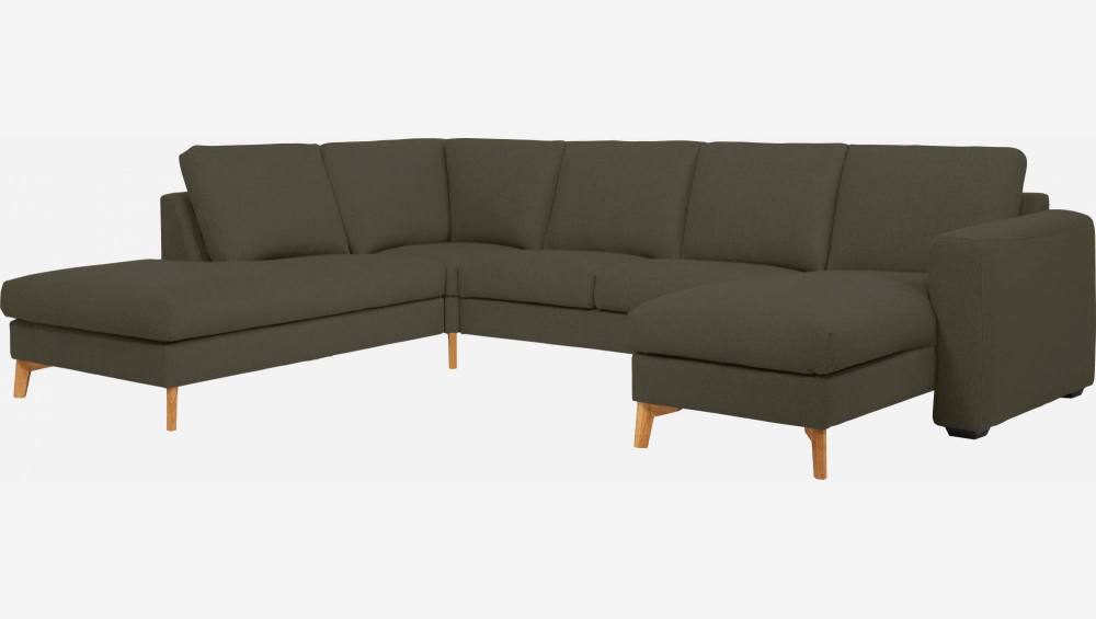 2-Sitzer-Sofa mit Chaiselongue und Open-End rechts aus Stoff, graubraun meliert und blau - mittelfester Komfort