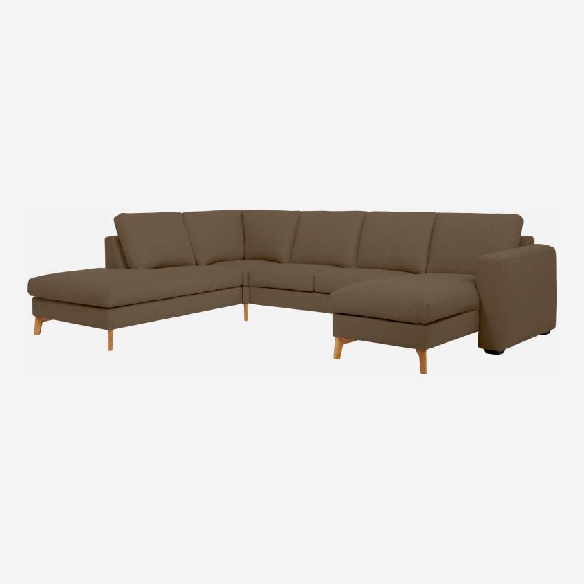 2-Sitzer-Sofa mit Chaiselongue und Open-End rechts aus Stoff, graubraun meliert und orange - mittelfester Komfort