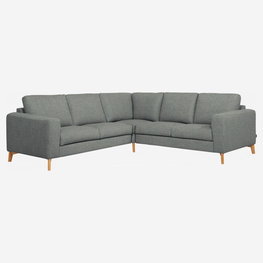 Canapé d'angle 2 x 2 en tissu Lecce - Gris bleuté - Accoudoirs fins - Pieds en équerre en chêne huilé - Confort medium