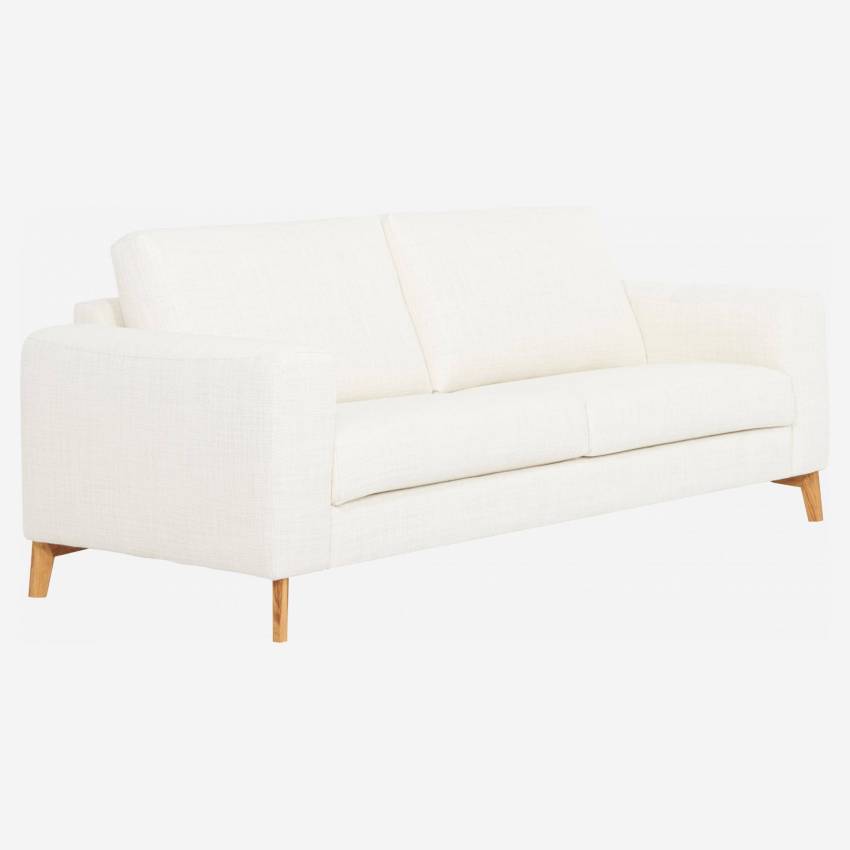 Canapé 3 places / 2 coussins en tissu Fasoli -Blanc - Accoudoirs fins - Pieds en équerre en chêne huilé - Confort medium