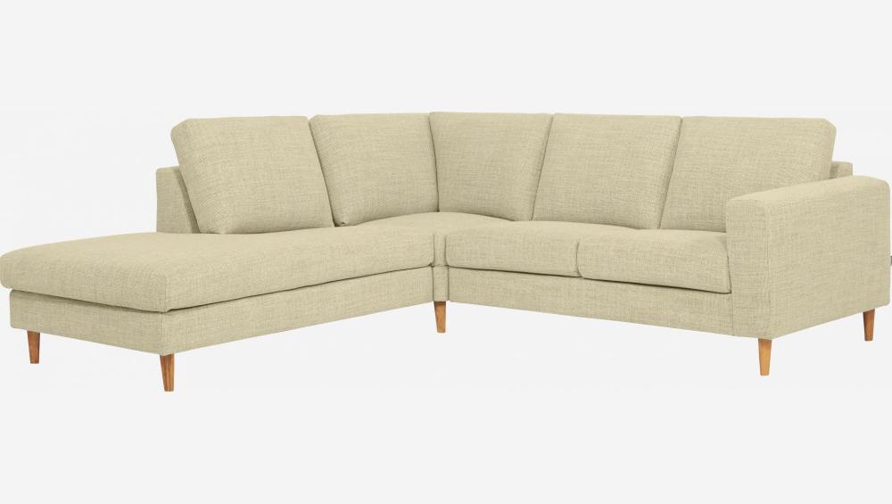 Canapé d'angle 2 places avec chauffeuse gauche en tissu Fasoli -Blanc - Accoudoirs fins - Pieds droits en chêne huilé - Confort medium