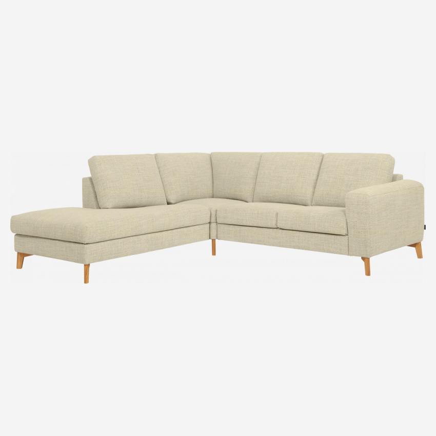 Canapé d'angle 2 places avec chauffeuse gauche en tissu Fasoli -Blanc - Acccoudoirs droits - Pieds en équerre en chêne huilé - Confort medium