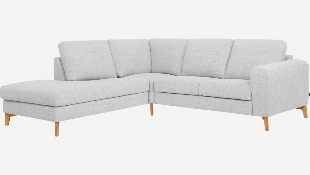 Canapé d'angle 2 places avec chauffeuse gauche en tissu Fasoli -Gris clair - Acccoudoirs droits - Pieds en équerre en chêne huilé - Confort medium