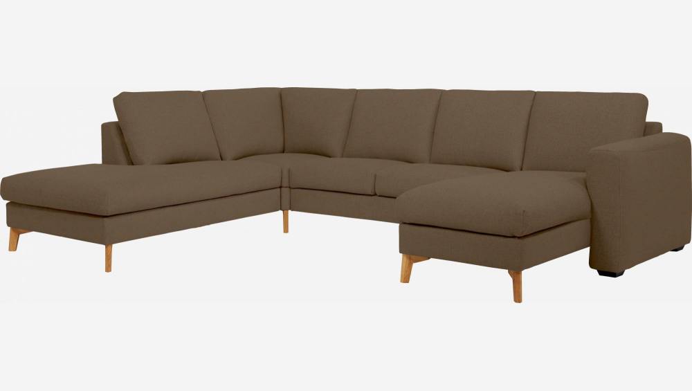 2-Sitzer-Sofa mit Chaiselongue und Open-End links aus Stoff, graubraun meliert und orange - fester Komfort