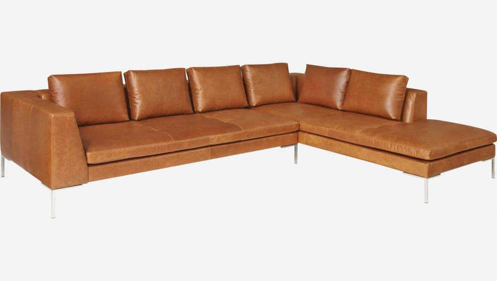 3-Sitzer-Sofa mit Chaiselongue rechts aus Vintage-Leder - Cognacbraun