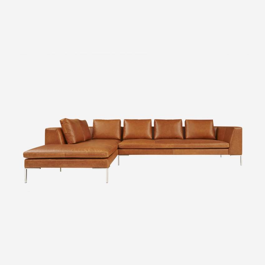 Sofá de 3 lugares com chaise longue esquerda em pele Vintage Leather - Castanho conhaque