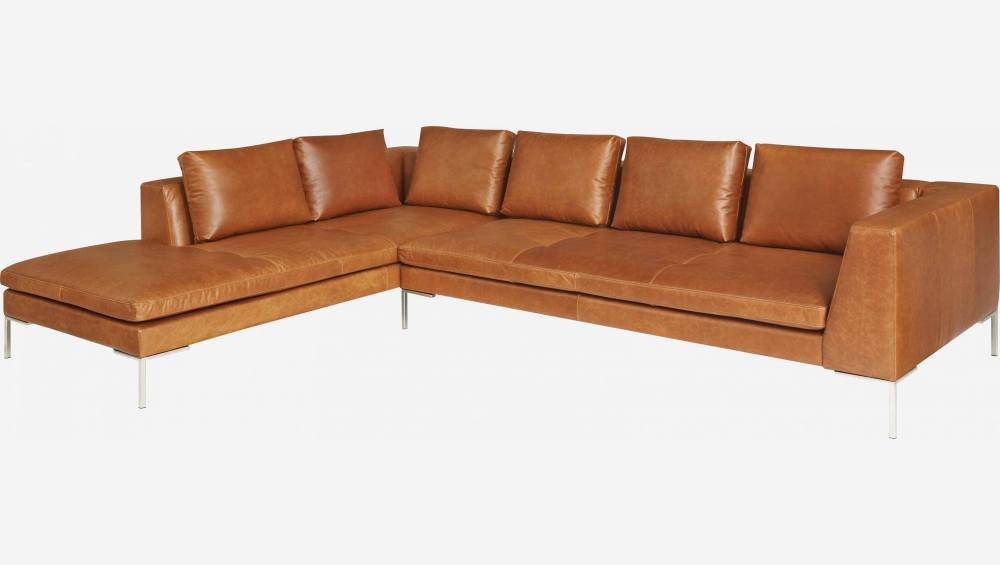 Sofá de 3 lugares com chaise longue esquerda em pele Vintage Leather - Castanho conhaque