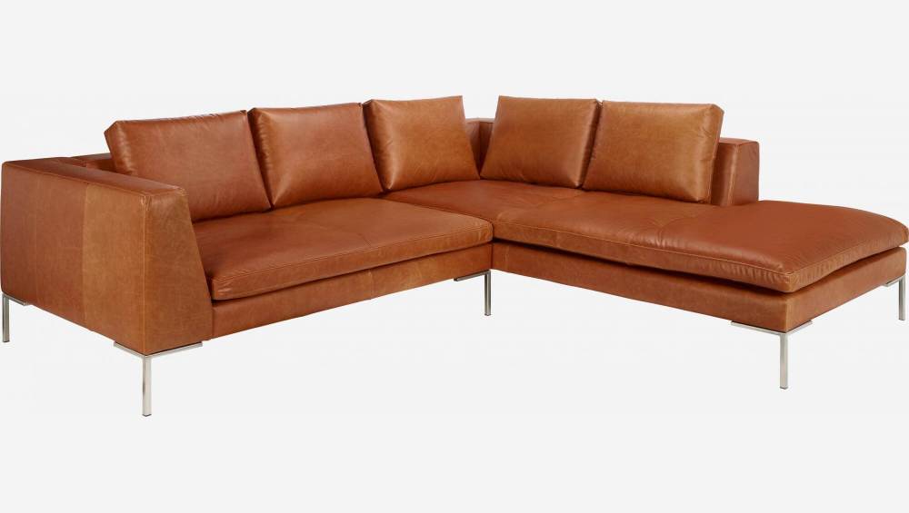 2-Sitzer-Sofa mit Chaiselongue rechts aus Vintage-Leder - Cognacbraun