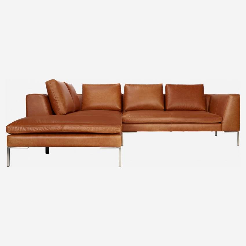 Sofá de 2 lugares com chaise longue esquerda em pele Vintage Leather - Castanho conhaque