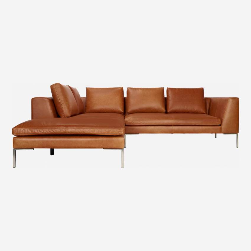 Canapé 2 places avec méridienne gauche en cuir Vintage Leather - Marron cognac