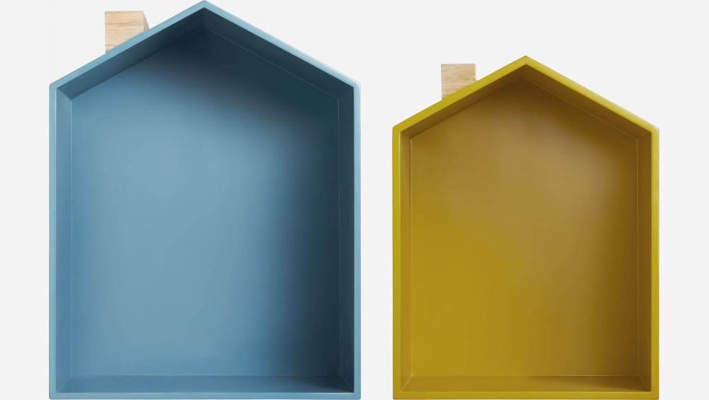 Set 2 estanterías de roble natural, azul-gris y amarillo