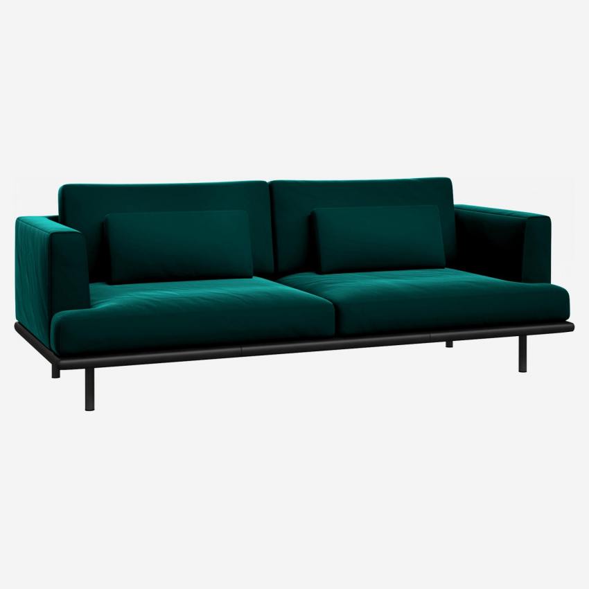 3-Sitzer Sofa aus Samt mit Basis aus schwarzem Leder - Smaragdgrün