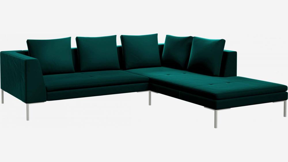 Sofá de 2 lugares com chaise longue direita em veludo - Verde-esmeralda