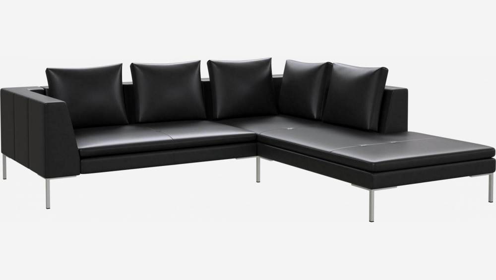 2-Sitzer-Sofa mit Chaiselongue rechts aus Savoy-Leder - Obsidianschwarz