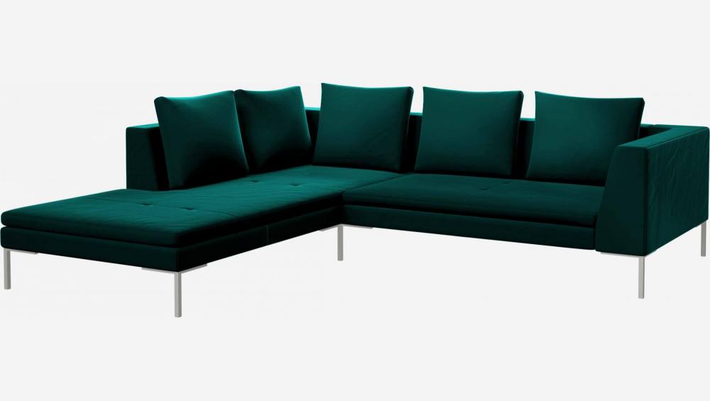 Sofá de 2 lugares com chaise longue esquerda em veludo - Verde-esmeralda