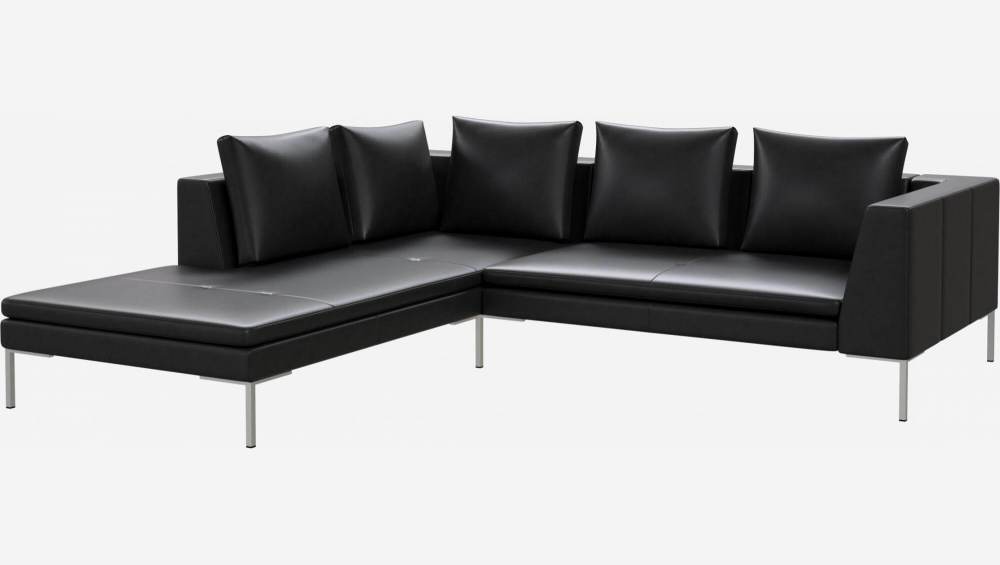 2-Sitzer-Sofa mit Chaiselongue links aus Savoy-Leder - Obsidianschwarz