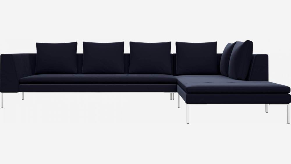 Sofá de 3 lugares com chaise longue direita em veludo - Azul-marinho