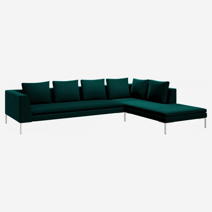 Sofá 3 plazas con chaise longue derecha de terciopelo - Verde esmeralda
