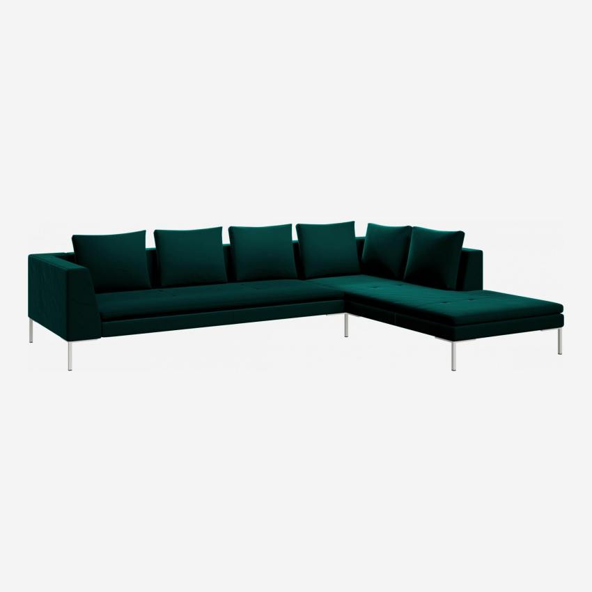 Sofá 3 plazas con chaise longue derecha de terciopelo - Verde esmeralda