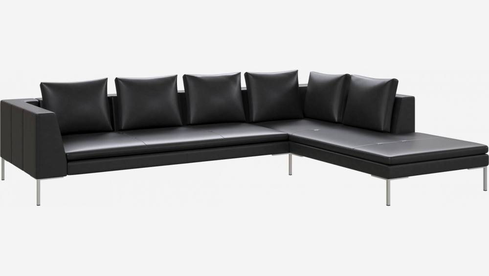 3-Sitzer-Sofa mit Chaiselongue rechts aus Savoy-Leder - Obsidianschwarz