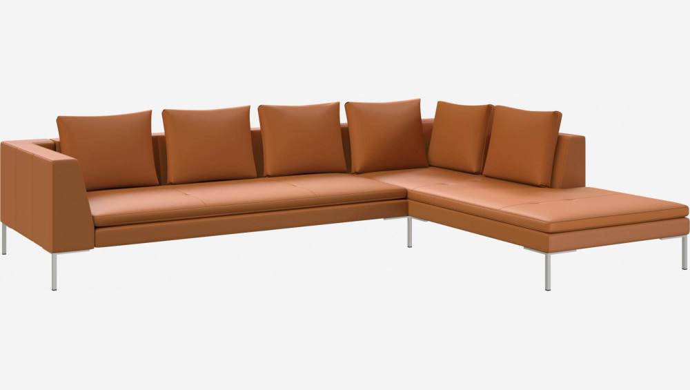 3-Sitzer-Sofa mit Chaiselongue rechts aus Savoy-Leder - Cognacbraun
