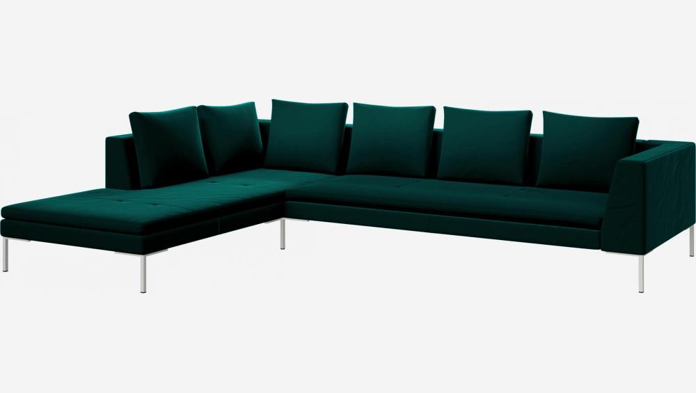 Sofá 3 plazas con chaise longue izquierda de terciopelo - Verde esmeralda