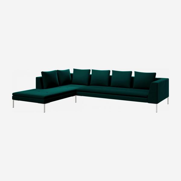 Sofá de 3 lugares com chaise longue esquerda em veludo - Verde-esmeralda