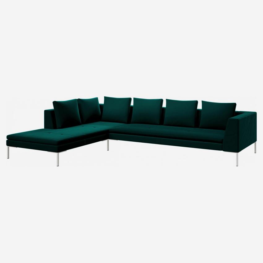 Sofá de 3 lugares com chaise longue esquerda em veludo - Verde-esmeralda