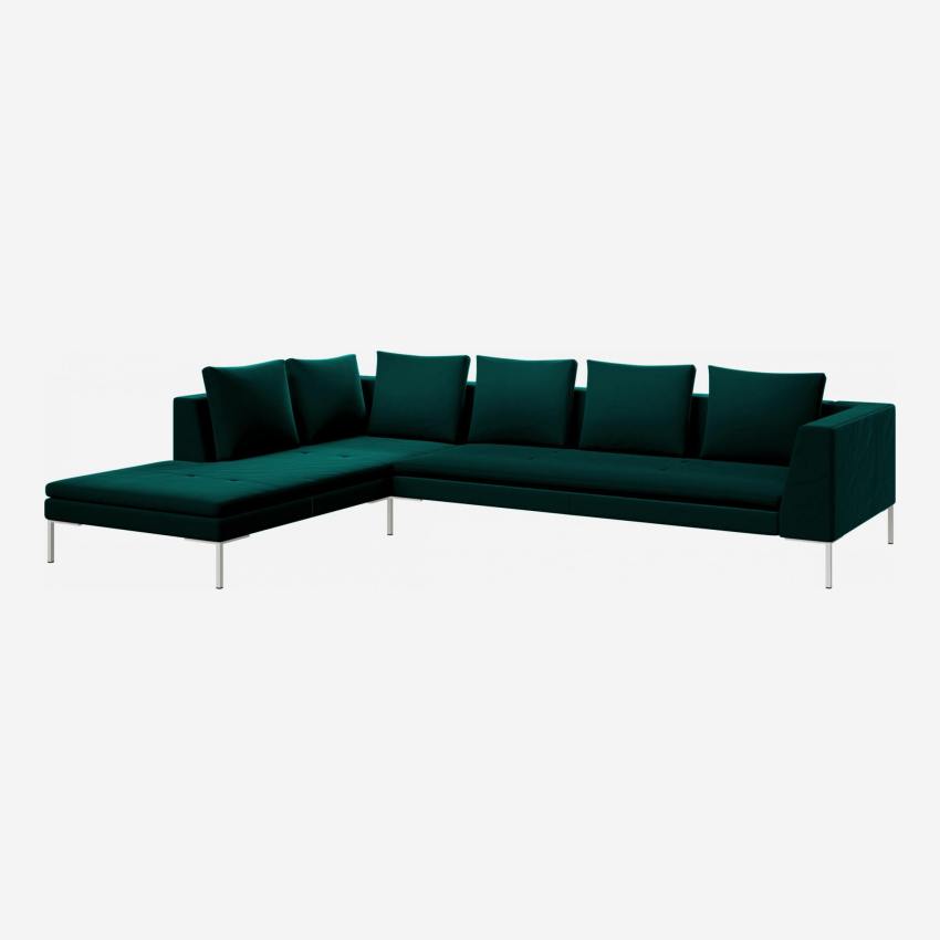 Sofá 3 plazas con chaise longue izquierda de terciopelo - Verde esmeralda