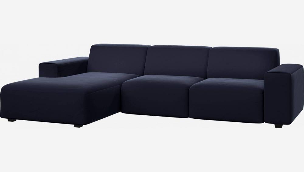 3-Sitzer Sofa mit Chaiselongue links aus Samt - Tintenblau