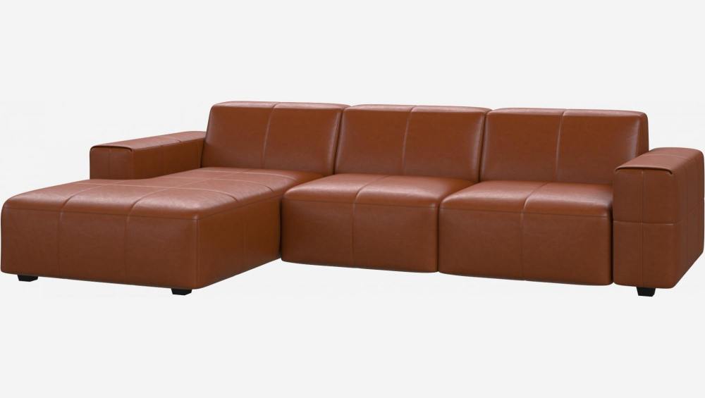 Sofá de 3 lugares com chaise longue esquerda em pele Vintage - Castanho conhaque