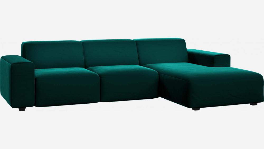Sofá de 3 lugares com chaise longue direita em veludo - Verde-esmeralda