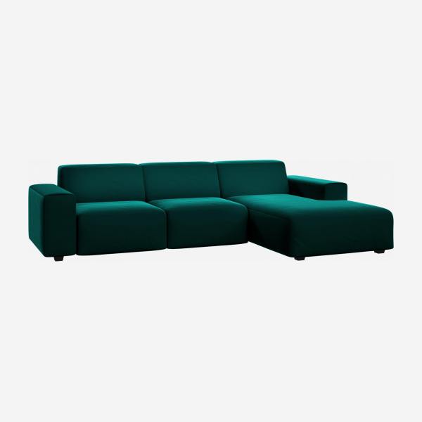 Sofá de 3 lugares com chaise longue direita em veludo - Verde-esmeralda
