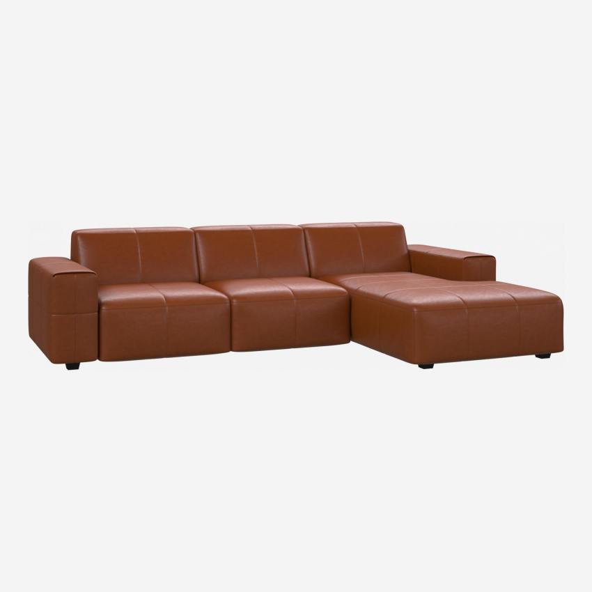 Sofá 3 plazas con chaise longue derecha en piel Vintage Leather - Marrón coñac 