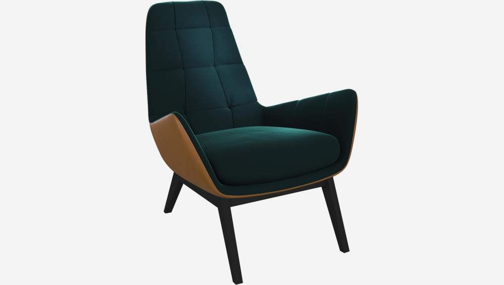 Sessel aus Samt - Smaragdgrün und Vintage-Leder - Schwarze Füße