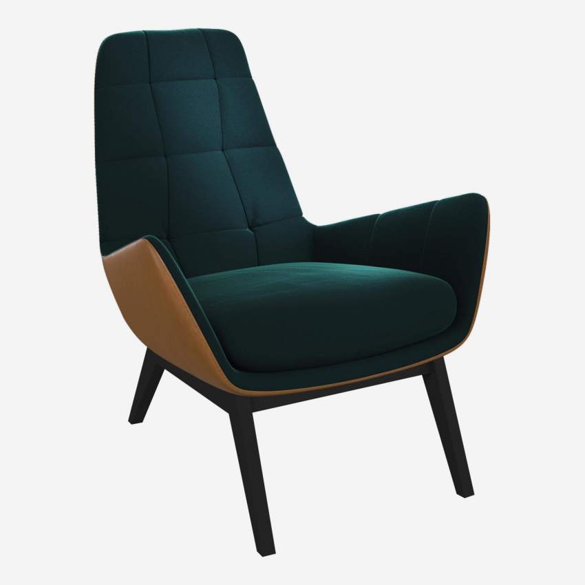 Sessel aus Samt - Smaragdgrün und Vintage-Leder - Schwarze Füße