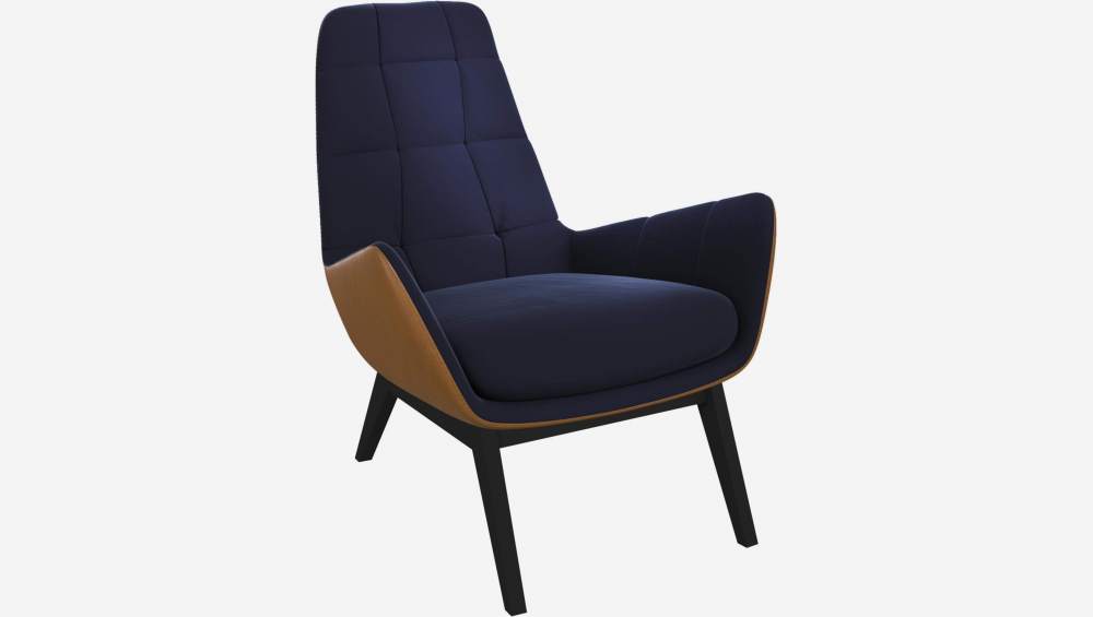 Sessel aus Samt - Tintenblau und Vintage-Leder - Schwarze Füße