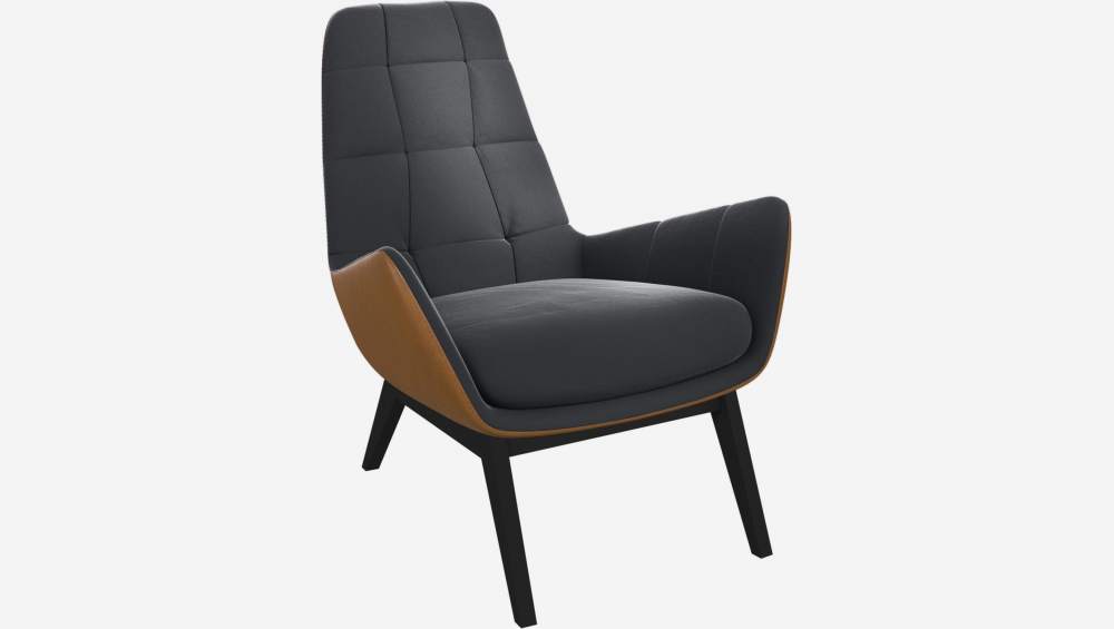 Sessel aus Samt - Schiefergrau und Vintage-Leder - Schwarze Füße