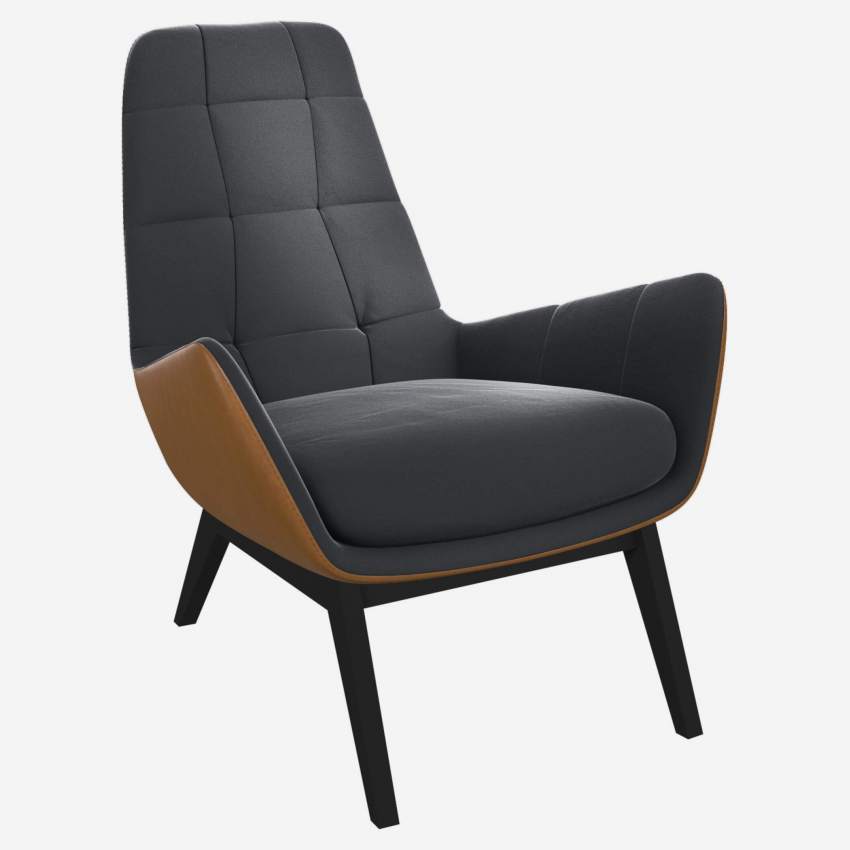Sessel aus Samt - Schiefergrau und Vintage-Leder - Schwarze Füße