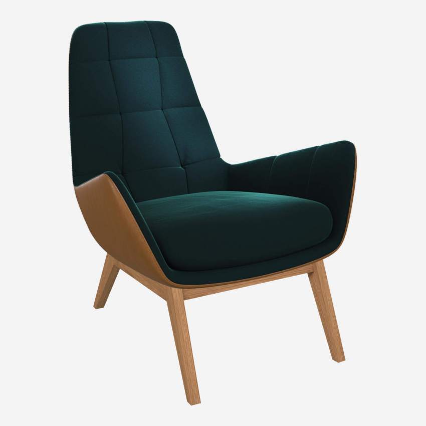 Sessel aus Samt - Smaragdgrün und Vintage-Leder - Eichenfüße