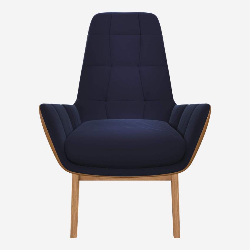 Sessel aus Samt - Tintenblau und Vintage-Leder - Eichenfüße