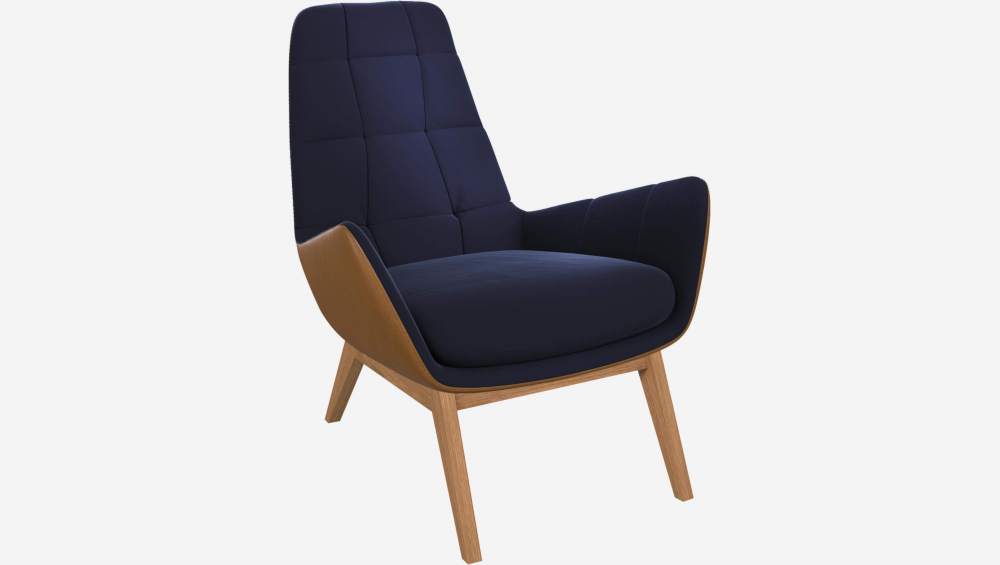 Sessel aus Samt - Tintenblau und Vintage-Leder - Eichenfüße