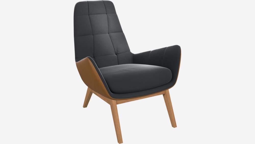 Sessel aus Samt - Schiefergrau und Vintage-Leder - Eichenfüße