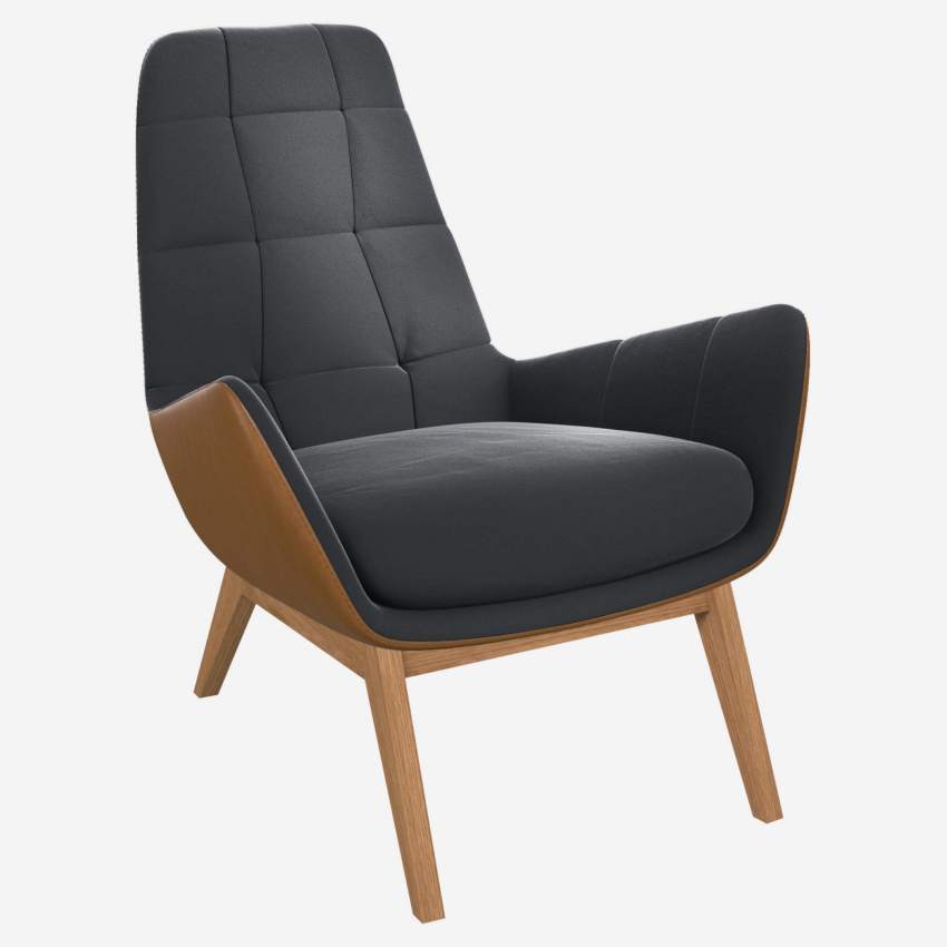 Sessel aus Samt - Schiefergrau und Vintage-Leder - Eichenfüße