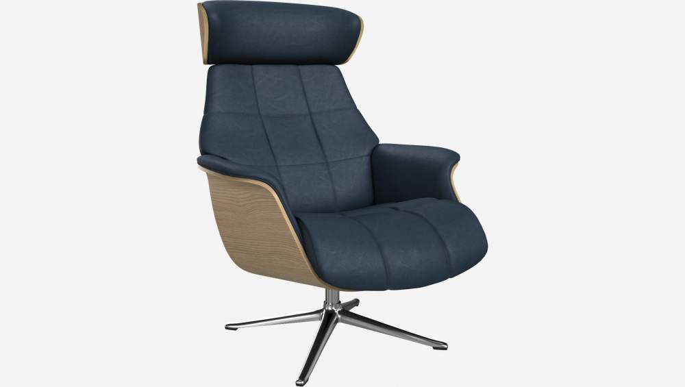 Sessel aus Eiche und Vintage-Leder - Nachtblau - Aluminiumfuß
