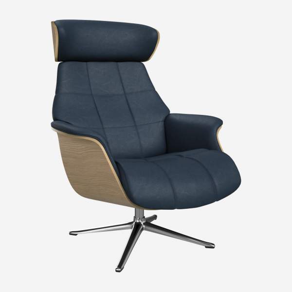 Sessel aus Eiche und Vintage-Leder - Nachtblau - Aluminiumfuß